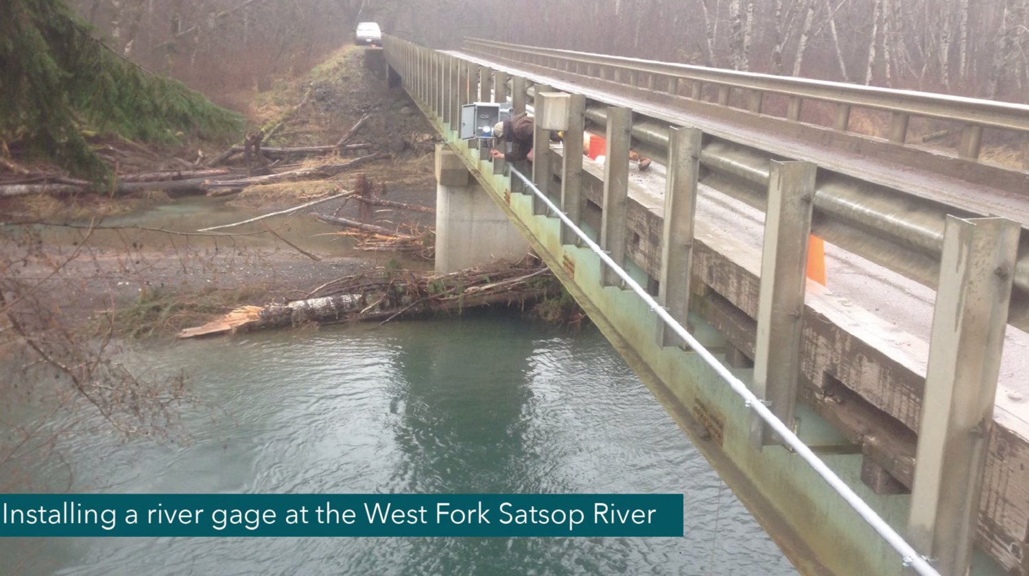 A river gage is installed at the West Fork Satsop River in this image provided by the Office of the Chehalis Basin.